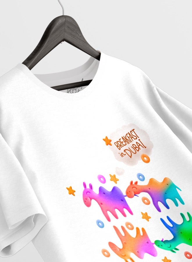 Hempelcat T-shirt Camel cookies colour: Breakfast in Dubai white printed 100% cotton for women  - Image 4