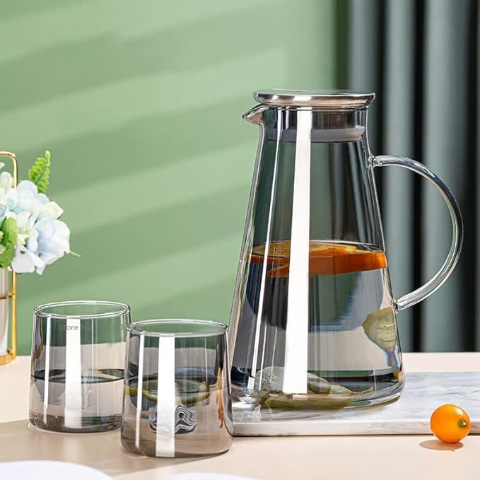 bellemax Italian Black Premium Water and Juice Glasses Set of 6 and Jug Set Combo,(6 Pieces Glasses 270ML and 1 Water Jug 1.8 Liter), Transparent, Glass and Jug Set for Dining Table (Black - A) - Image 2