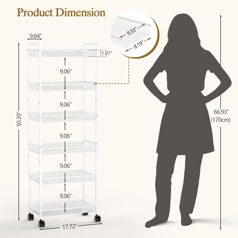 ThreeHio 6 Tier Slim Rolling Storage Cart, Narrow Mobile Shelving Unit Organizer Utility Cart with Wheels, Metal Wire Storage Rack with Baskets for Kitchen, Bathroom, Laundry & Living Room, 10in(W) White - Image 2