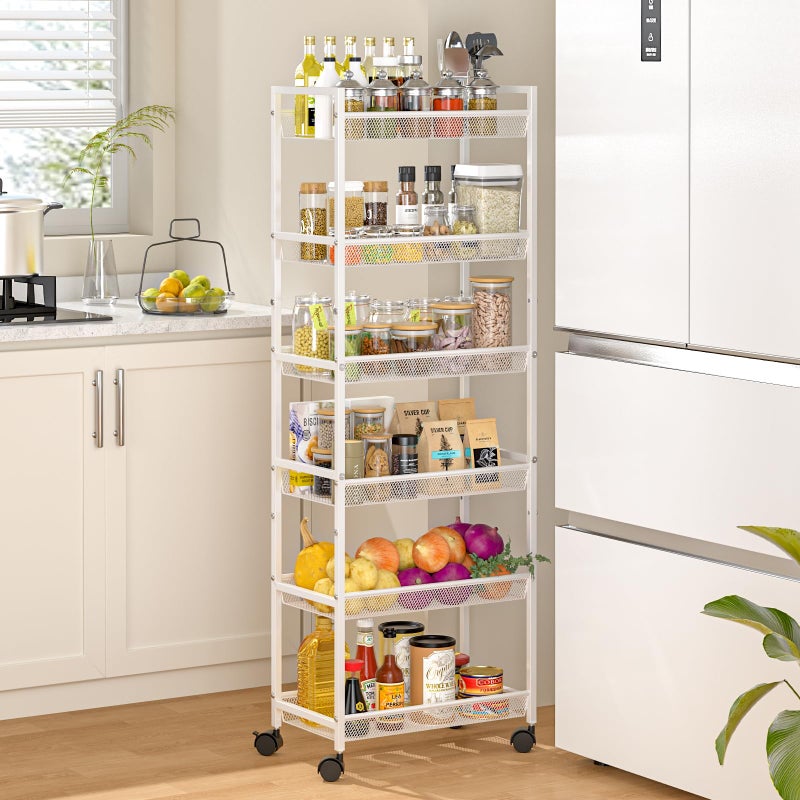 ThreeHio 6 Tier Slim Rolling Storage Cart, Narrow Mobile Shelving Unit Organizer Utility Cart with Wheels, Metal Wire Storage Rack with Baskets for Kitchen, Bathroom, Laundry & Living Room, 10in(W) White - Image 1