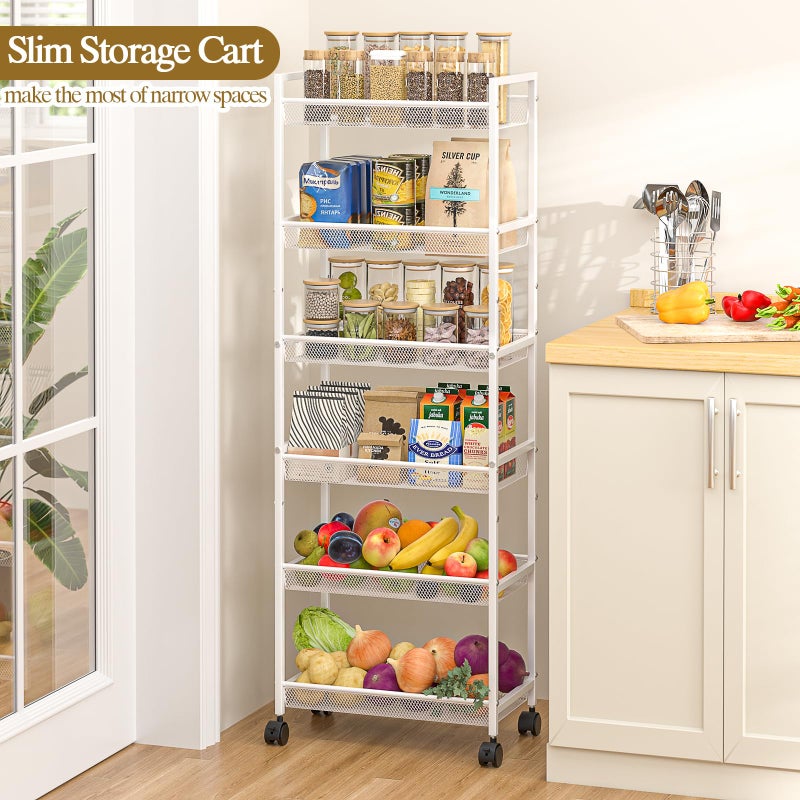 ThreeHio 6 Tier Slim Rolling Storage Cart, Narrow Mobile Shelving Unit Organizer Utility Cart with Wheels, Metal Wire Storage Rack with Baskets for Kitchen, Bathroom, Laundry & Living Room, 10in(W) White - Image 3