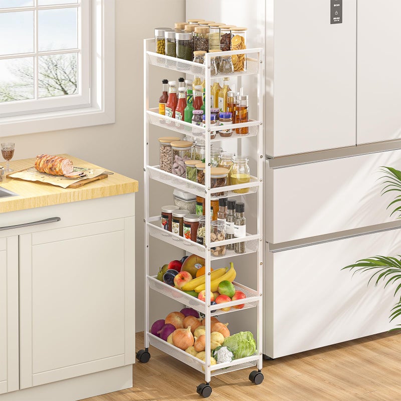 ThreeHio 6 Tier Slim Rolling Storage Cart, Narrow Mobile Shelving Unit Organizer Utility Cart with Wheels, Metal Wire Storage Rack with Baskets for Kitchen, Bathroom, Laundry & Living Room, 10in(W) White - Image 4