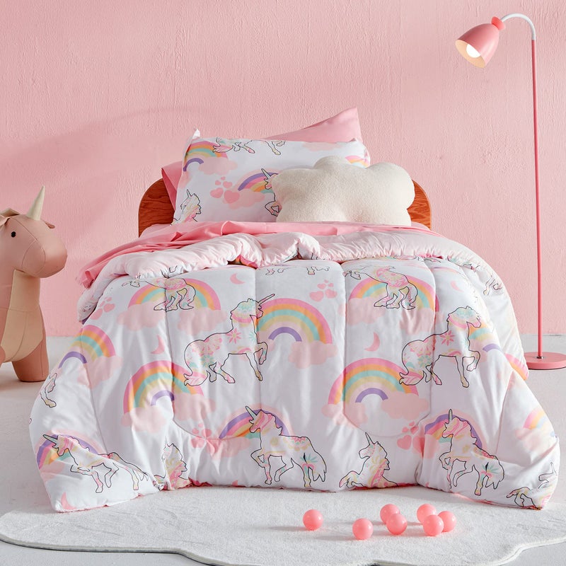SLEEP ZONE Kids Twin Bedding Comforter Set Super Cute Soft Kids Bedding Bed in a Bag 5 Pieces Set with Comforter Sheet Pillowcase Sham Pink Unicorn