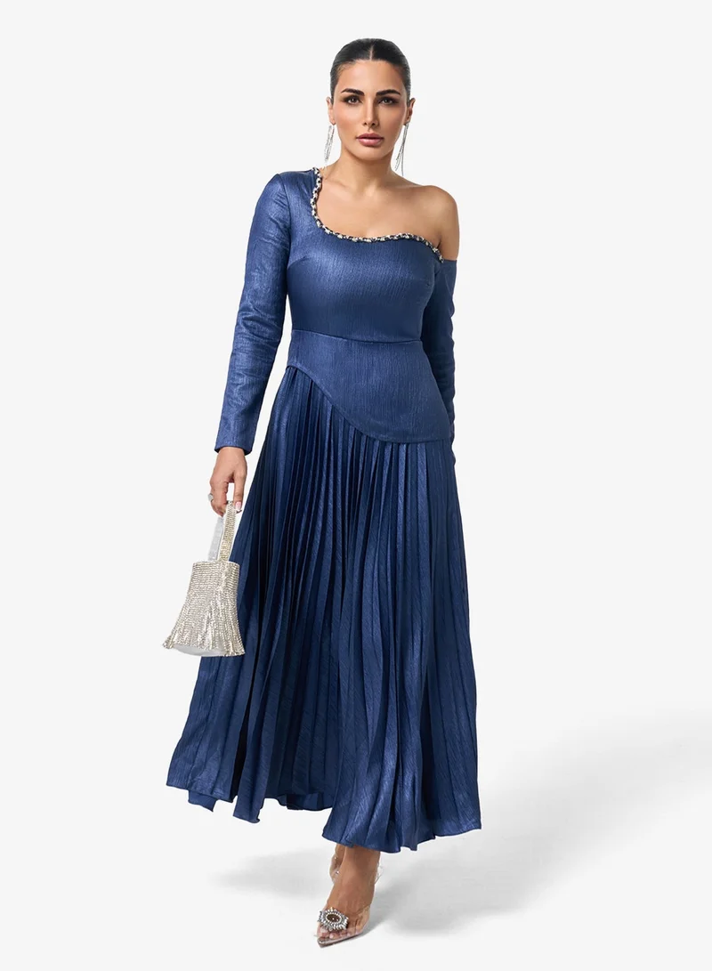 Threadz by Ajooni  One Shoulder Plisse Maxi Dress for Women | Best Price UAE