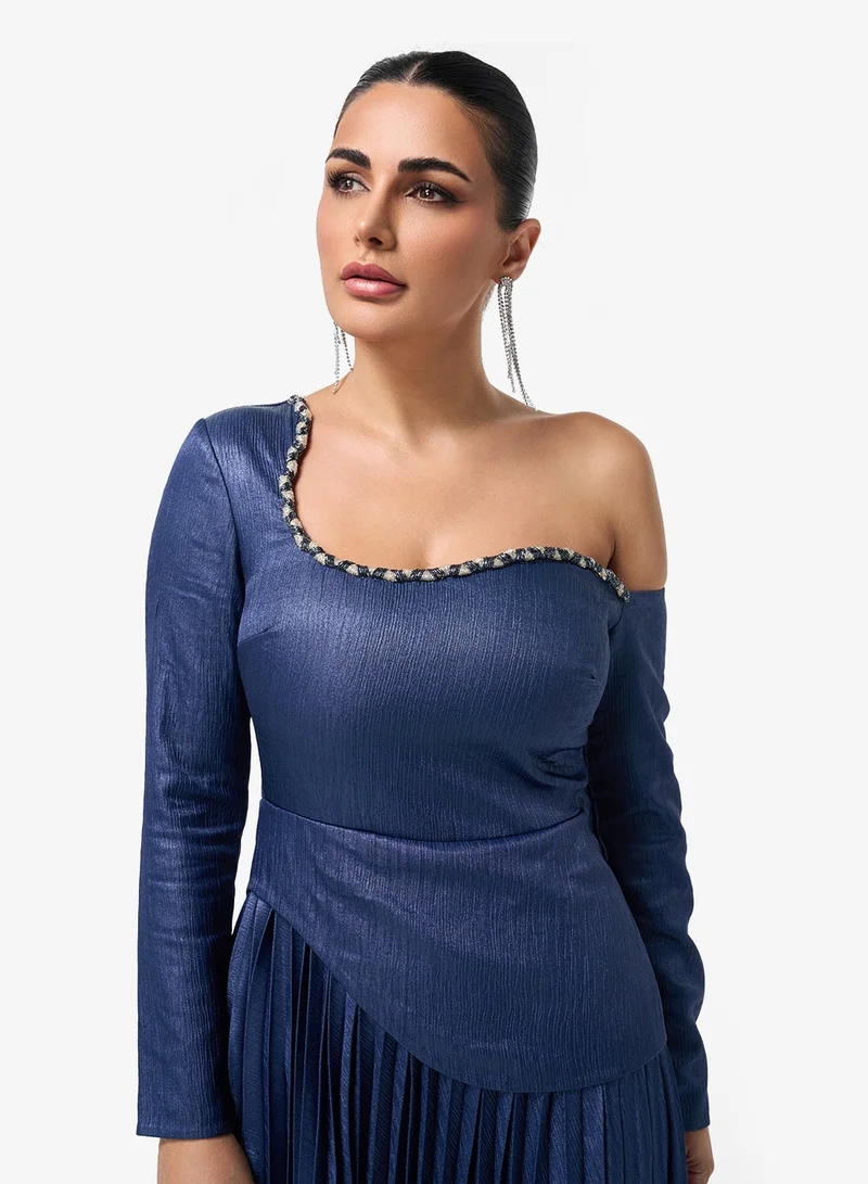 Threadz by Ajooni  One Shoulder Plisse Maxi Dress for Women | Best Price UAE