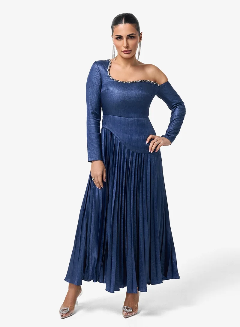 One Shoulder Plisse Maxi Dress