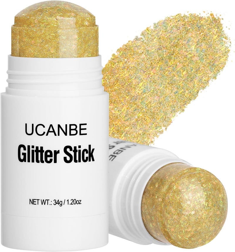 UCANBE Gold Body Glitter Stick for Singer Concerts Music Festivals, Face Glitter Makeup for Face Body Hair Eyes & Lips, Chunky Glitter Sparkling Mermaid Sequins for Women 1.2OZ