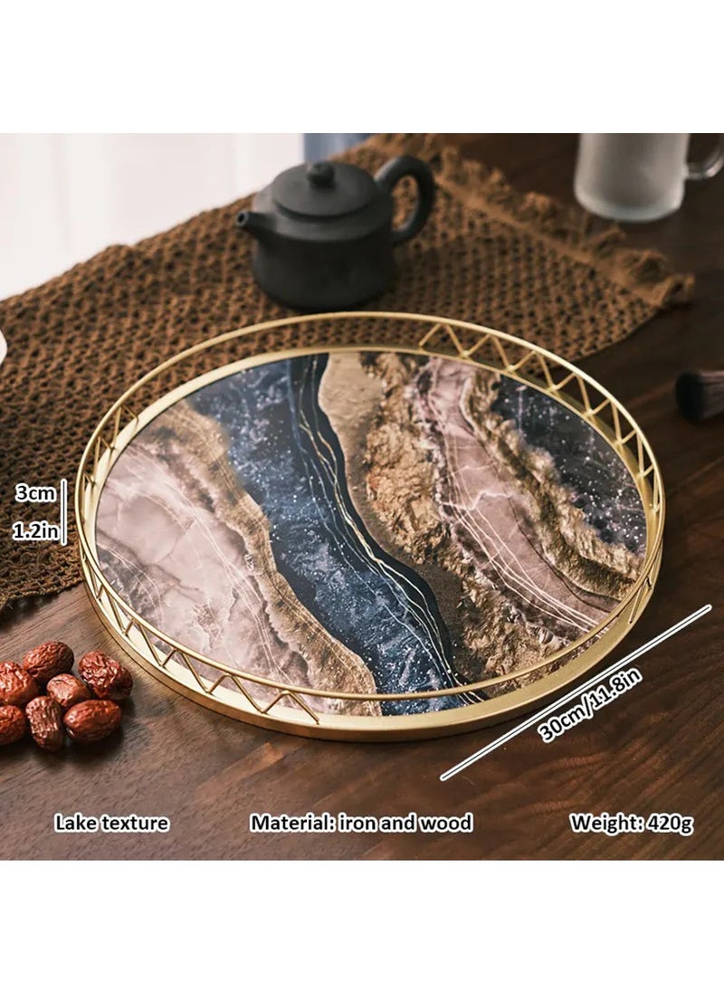 Hihonor Wooden Round Marble Grain Tray, Decorative Storage Tray, Tea Tray, Storage Tray, Home Decoration Tray, For Home Room Living Room Office Decor (Multicolour)  - Image 1