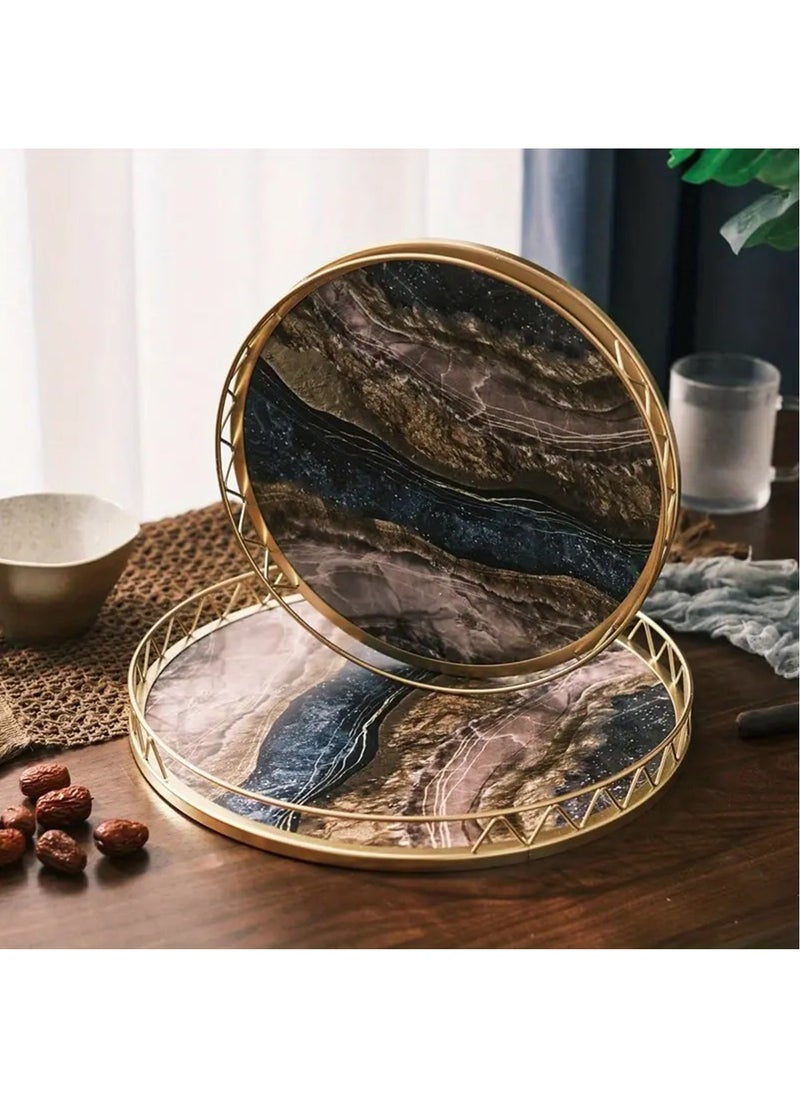 Hihonor Wooden Round Marble Grain Tray, Decorative Storage Tray, Tea Tray, Storage Tray, Home Decoration Tray, For Home Room Living Room Office Decor (Multicolour)  - Image 2