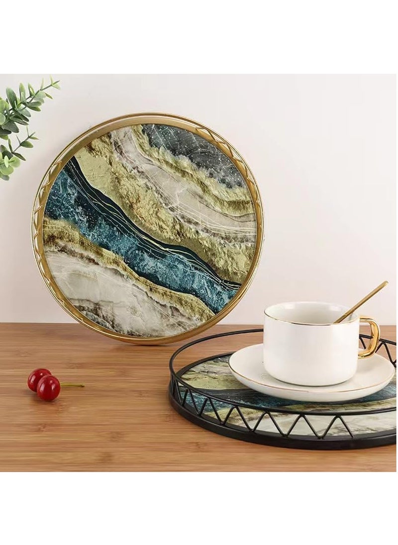 Hihonor Wooden Round Marble Grain Tray, Decorative Storage Tray, Tea Tray, Storage Tray, Home Decoration Tray, For Home Room Living Room Office Decor (Multicolour)  - Image 3