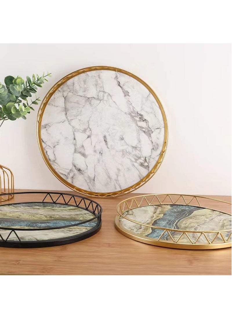 Hihonor Wooden Round Marble Grain Tray, Decorative Storage Tray, Tea Tray, Storage Tray, Home Decoration Tray, For Home Room Living Room Office Decor (Multicolour)  - Image 5