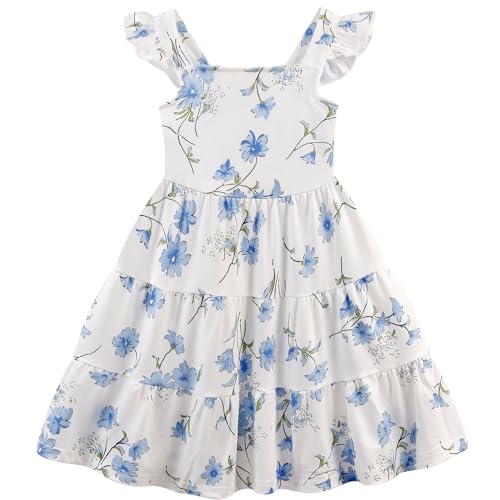 NUBEEHOHO Toddler Dress Blue Floral Girls Summer Outfits Flutter Sleeve Twirly Shirred Tiered Beach Boho Sundress Kids Smock Flower Dresses 18-24 Month/1539 - Image 1