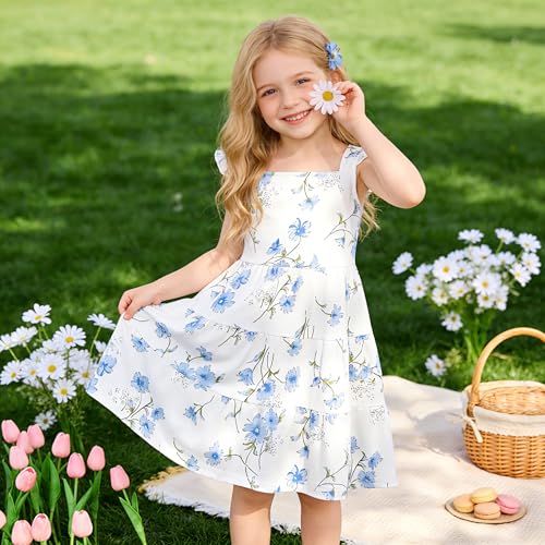 NUBEEHOHO Toddler Dress Blue Floral Girls Summer Outfits Flutter Sleeve Twirly Shirred Tiered Beach Boho Sundress Kids Smock Flower Dresses 18-24 Month/1539 - Image 2