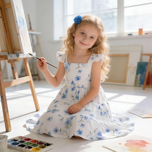 NUBEEHOHO Toddler Dress Blue Floral Girls Summer Outfits Flutter Sleeve Twirly Shirred Tiered Beach Boho Sundress Kids Smock Flower Dresses 18-24 Month/1539 - Image 4