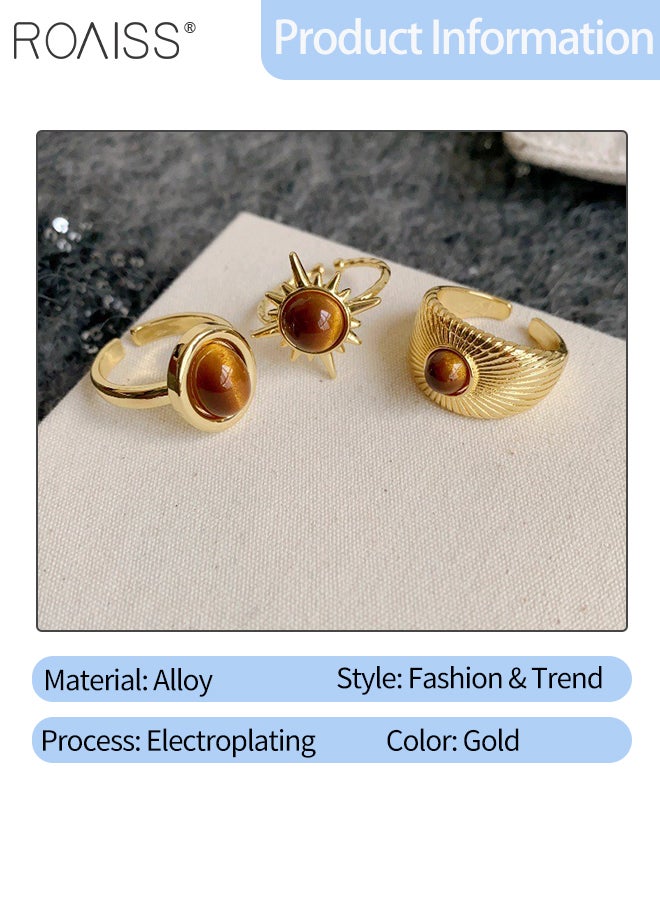 roaiss 3 Pcs Unique Brown Tiger Eye Stone Women's Rings, Open Adjustable Rings, Retro Sunflower Ring, Suitable for Women Daily Wear, Weddings, Parties, Festivals, Beach Vacations - Image 3