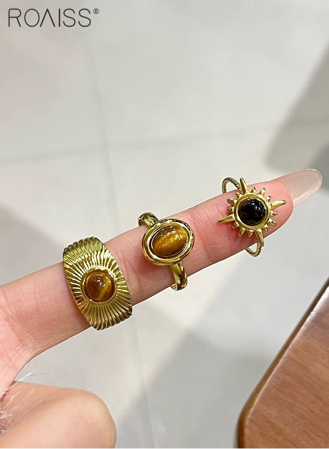 roaiss 3 Pcs Unique Brown Tiger Eye Stone Women's Rings, Open Adjustable Rings, Retro Sunflower Ring, Suitable for Women Daily Wear, Weddings, Parties, Festivals, Beach Vacations - Image 4