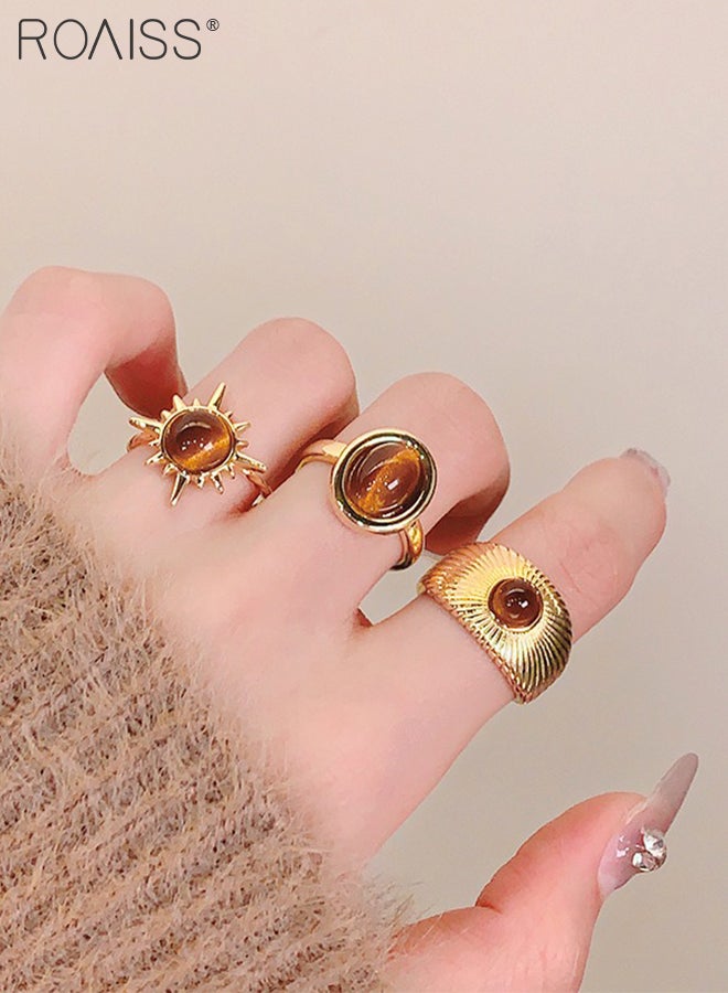 roaiss 3 Pcs Unique Brown Tiger Eye Stone Women's Rings, Open Adjustable Rings, Retro Sunflower Ring, Suitable for Women Daily Wear, Weddings, Parties, Festivals, Beach Vacations - Image 5