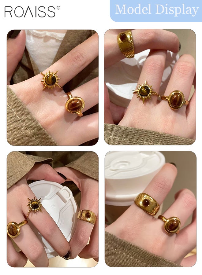 roaiss 3 Pcs Unique Brown Tiger Eye Stone Women's Rings, Open Adjustable Rings, Retro Sunflower Ring, Suitable for Women Daily Wear, Weddings, Parties, Festivals, Beach Vacations - Image 2