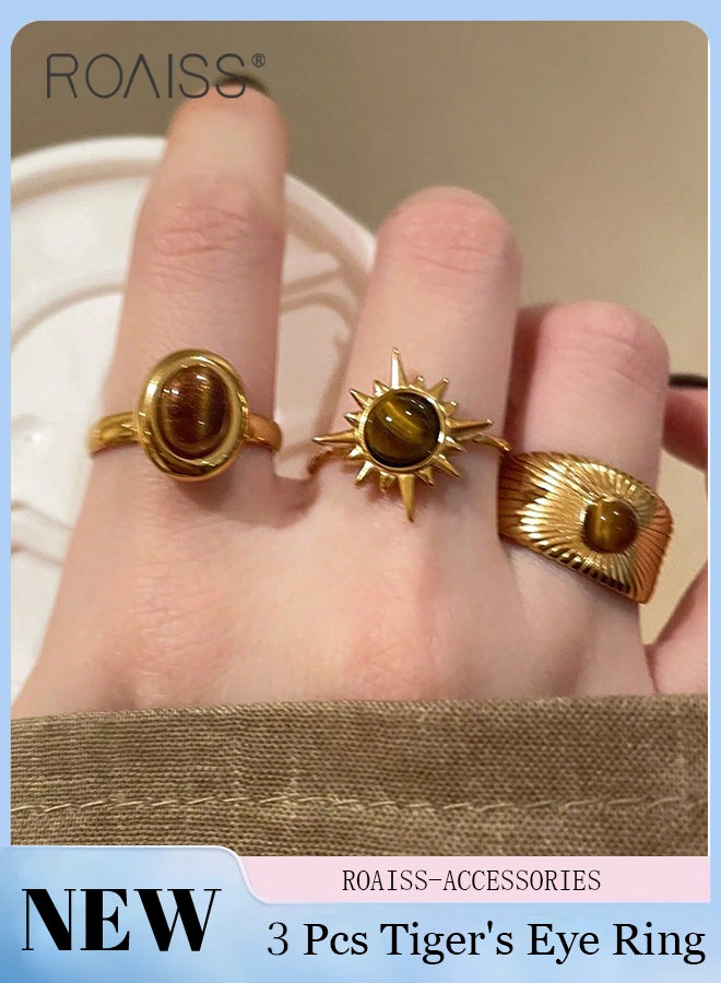 roaiss 3 Pcs Unique Brown Tiger Eye Stone Women's Rings, Open Adjustable Rings, Retro Sunflower Ring, Suitable for Women Daily Wear, Weddings, Parties, Festivals, Beach Vacations - Image 1