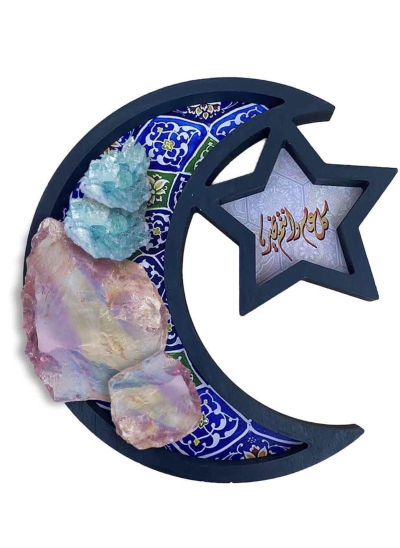 Home Care Elegant Ramadan Serving Tray - Moon & Star Design, Perfect for Eid Mubarak Celebrations, Breakfast, Dinner, and Dessert Display - Faux Wood Home Decor Blue Color  - Image 4