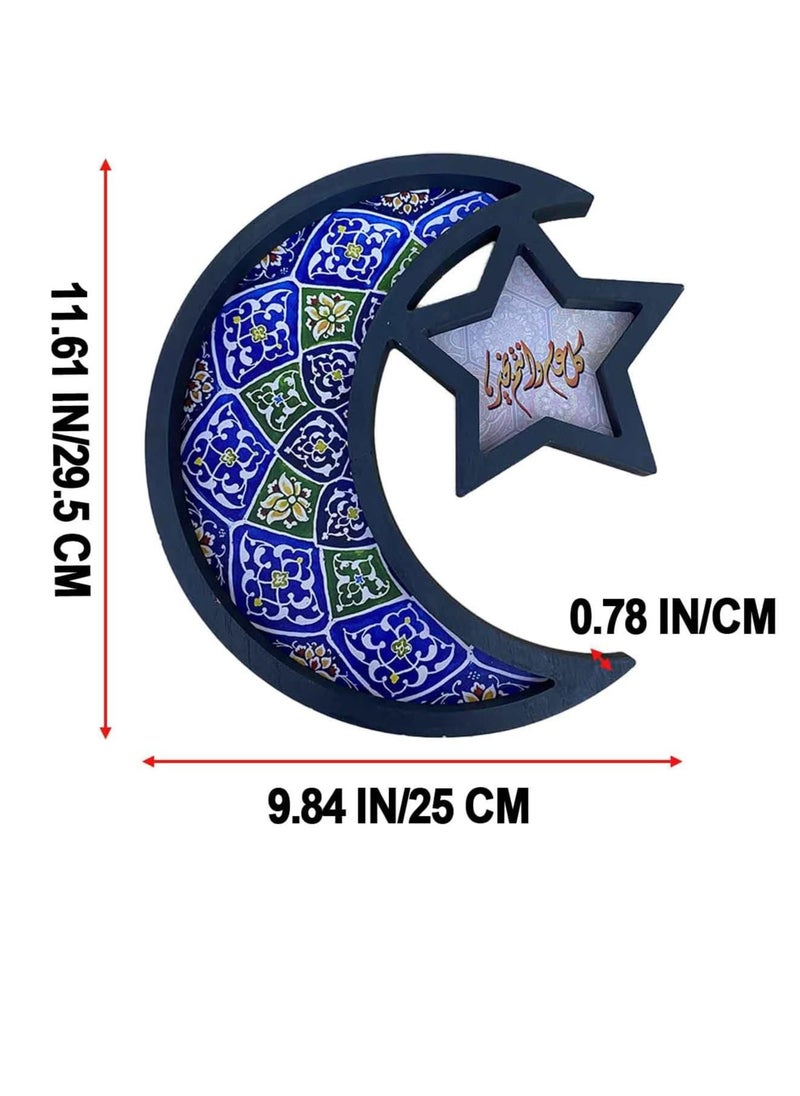 Home Care Elegant Ramadan Serving Tray - Moon & Star Design, Perfect for Eid Mubarak Celebrations, Breakfast, Dinner, and Dessert Display - Faux Wood Home Decor Blue Color  - Image 2