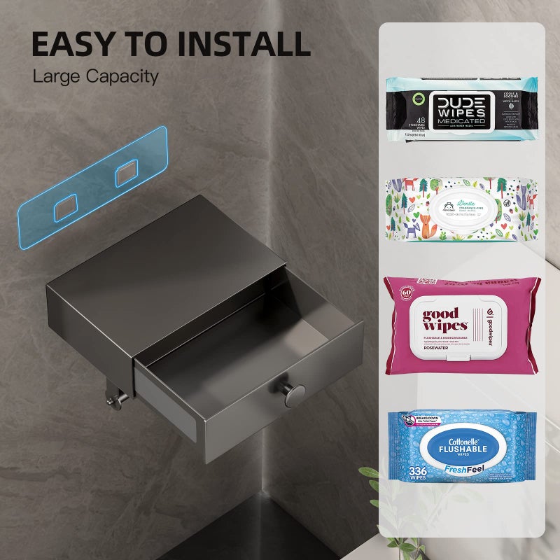 VOLDRA Toilet Paper Holder with Shelf Gray Wipes Dispenser for Bathroom Toilet Paper Holder with Storage Upgrade Drawer Design Toilet Tissue Holder Adhesive Small Bathroom Shelf Wall Mount - Image 2