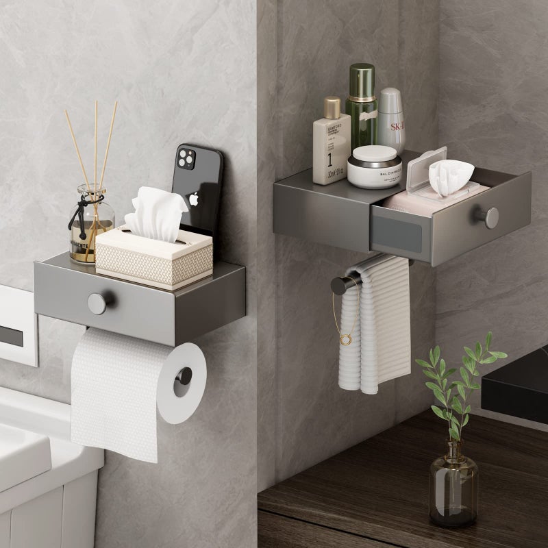VOLDRA Toilet Paper Holder with Shelf Gray Wipes Dispenser for Bathroom Toilet Paper Holder with Storage Upgrade Drawer Design Toilet Tissue Holder Adhesive Small Bathroom Shelf Wall Mount - Image 3