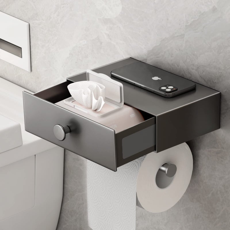 VOLDRA Toilet Paper Holder with Shelf Gray Wipes Dispenser for Bathroom Toilet Paper Holder with Storage Upgrade Drawer Design Toilet Tissue Holder Adhesive Small Bathroom Shelf Wall Mount - Image 1