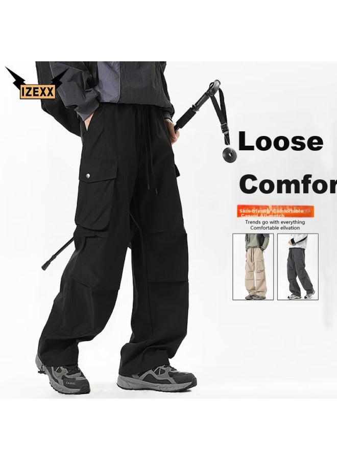 Izexx Outdoor Workwear Casual Pants For Men, Autumn American Paratrooper Style, Wrinkled Loose Straight-leg Trousers, Iz76 Black, Size L - Image 1
