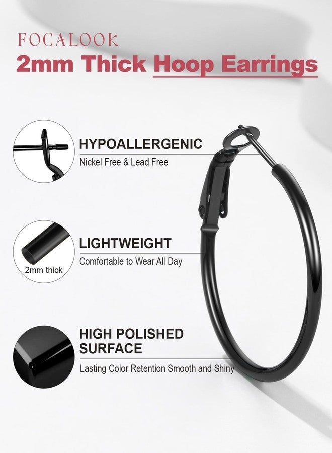 FOCALOOK Black Hoop Earrings for Women, 30mm Lightweight Large Hoops, Hypoallergenic Thin Black Stainless Steel Earrings - Image 4