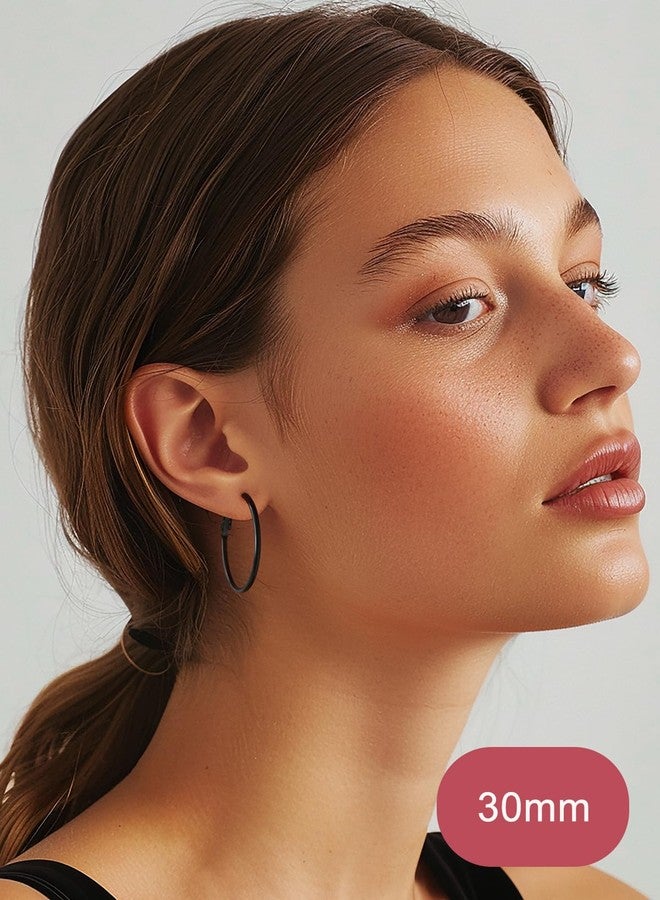 FOCALOOK Black Hoop Earrings for Women, 30mm Lightweight Large Hoops, Hypoallergenic Thin Black Stainless Steel Earrings - Image 2