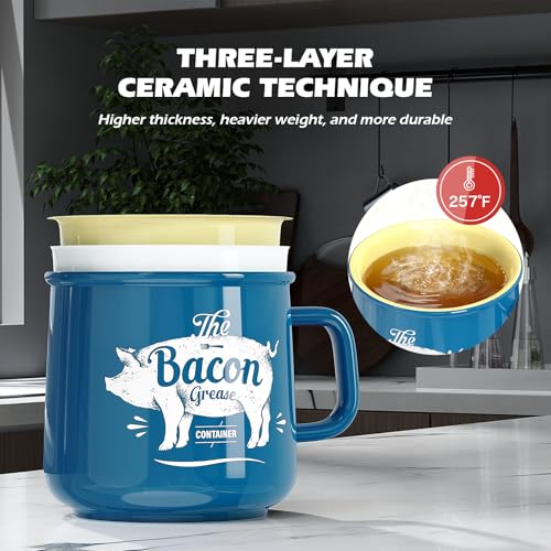 PGYARD Ceramic Bacon Grease Saver With Strainer - 23OZ Bacon Grease Container Farmhouse Keeper For Kitchen Fat Storage-Blue - Image 4