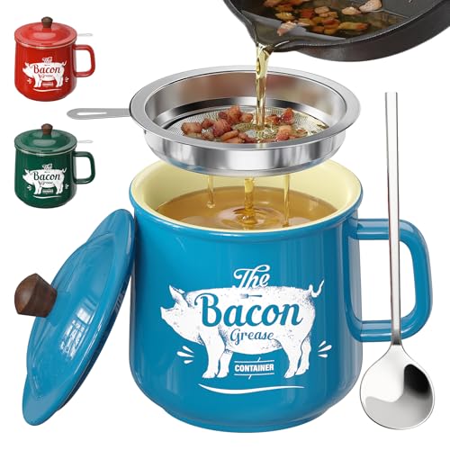 PGYARD Ceramic Bacon Grease Saver With Strainer - 23OZ Bacon Grease Container Farmhouse Keeper For Kitchen Fat Storage-Blue - Image 1