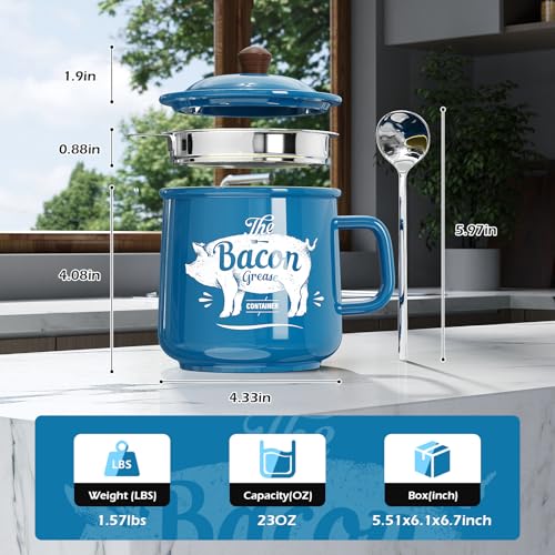 PGYARD Ceramic Bacon Grease Saver With Strainer - 23OZ Bacon Grease Container Farmhouse Keeper For Kitchen Fat Storage-Blue - Image 2