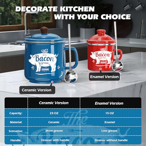 PGYARD Ceramic Bacon Grease Saver With Strainer - 23OZ Bacon Grease Container Farmhouse Keeper For Kitchen Fat Storage-Blue - Image 3