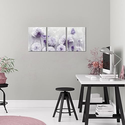 iHAPPYWALL 3 Pieces Lavender Dandelion Canvas Wall Art Abstract Wish Flower Butterfly Picture for Bathroom Bedroom Kitchen Wall Decor Ready to Hang 12x16inchx3pcs (Purple) - Image 4