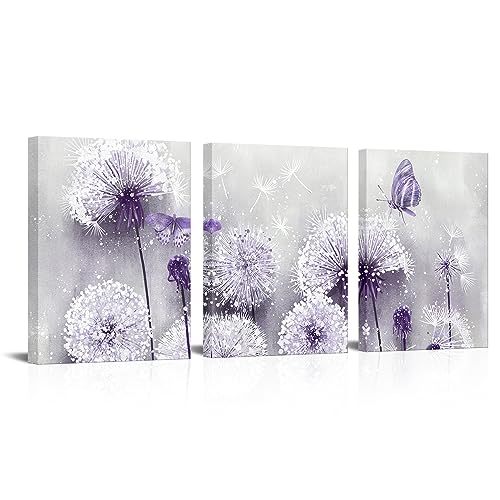 iHAPPYWALL 3 Pieces Lavender Dandelion Canvas Wall Art Abstract Wish Flower Butterfly Picture for Bathroom Bedroom Kitchen Wall Decor Ready to Hang 12x16inchx3pcs (Purple) - Image 1