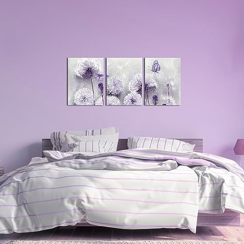 iHAPPYWALL 3 Pieces Lavender Dandelion Canvas Wall Art Abstract Wish Flower Butterfly Picture for Bathroom Bedroom Kitchen Wall Decor Ready to Hang 12x16inchx3pcs (Purple) - Image 3