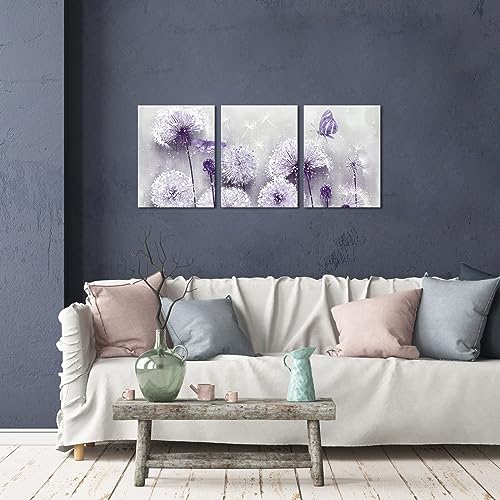 iHAPPYWALL 3 Pieces Lavender Dandelion Canvas Wall Art Abstract Wish Flower Butterfly Picture for Bathroom Bedroom Kitchen Wall Decor Ready to Hang 12x16inchx3pcs (Purple) - Image 2