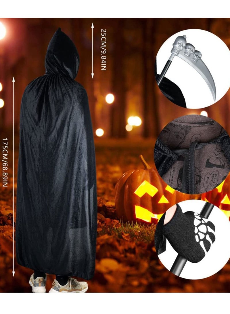 Set of 4 Cosplay Costumes, 140cm Length Black Velvet Hooded Cape Mask Gloves Scythe Props for Men and Women - Image 2