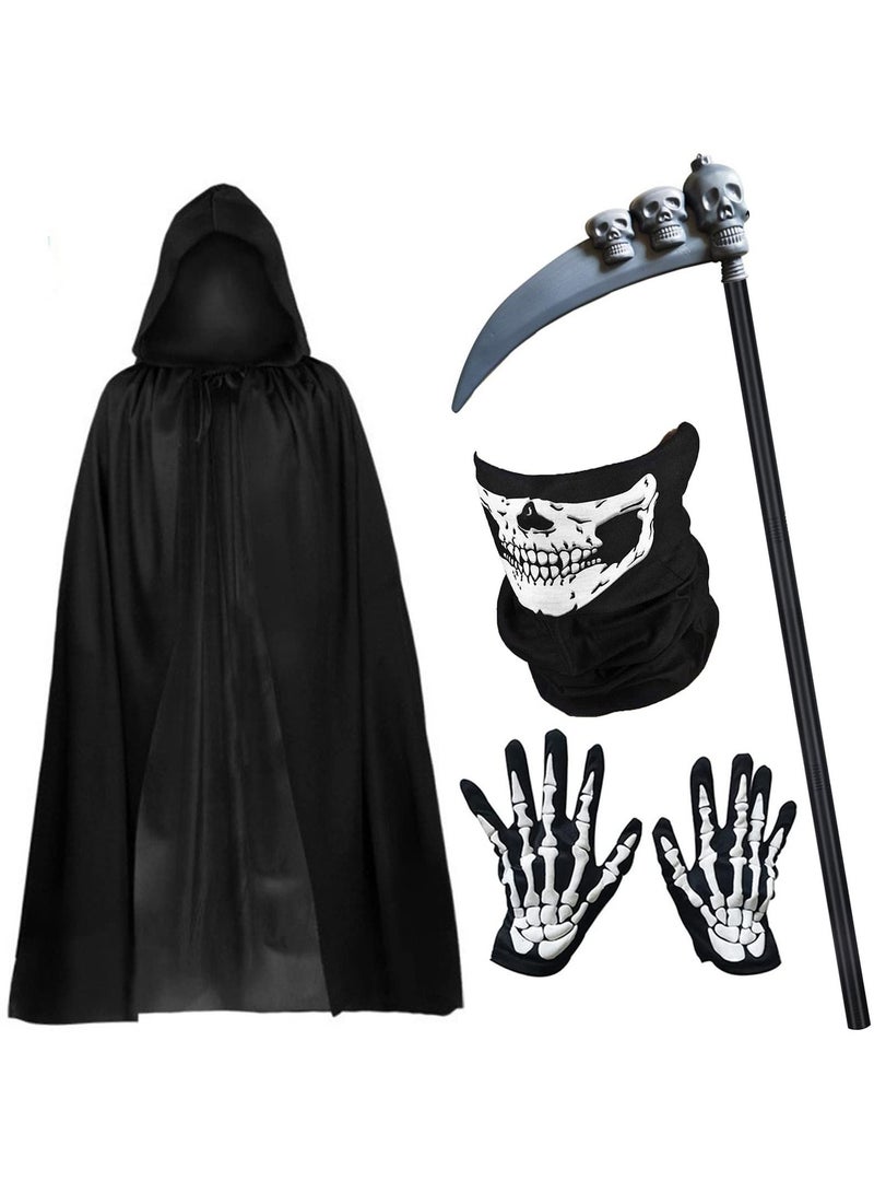 Set of 4 Cosplay Costumes, 140cm Length Black Velvet Hooded Cape Mask Gloves Scythe Props for Men and Women - Image 1
