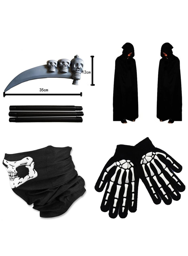 Set of 4 Cosplay Costumes, 140cm Length Black Velvet Hooded Cape Mask Gloves Scythe Props for Men and Women - Image 3