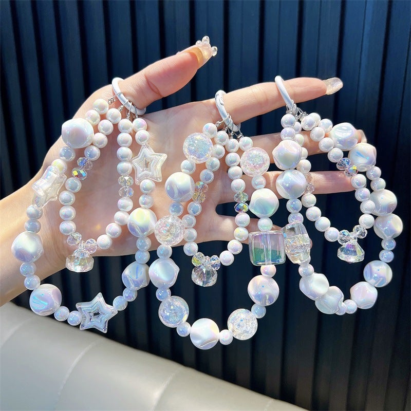 Double chain cake beads beaded mobile phone chain key chain bag pendant car key chain girl pendant gift wholesale -pearl white double chain beaded bracelet (one random)