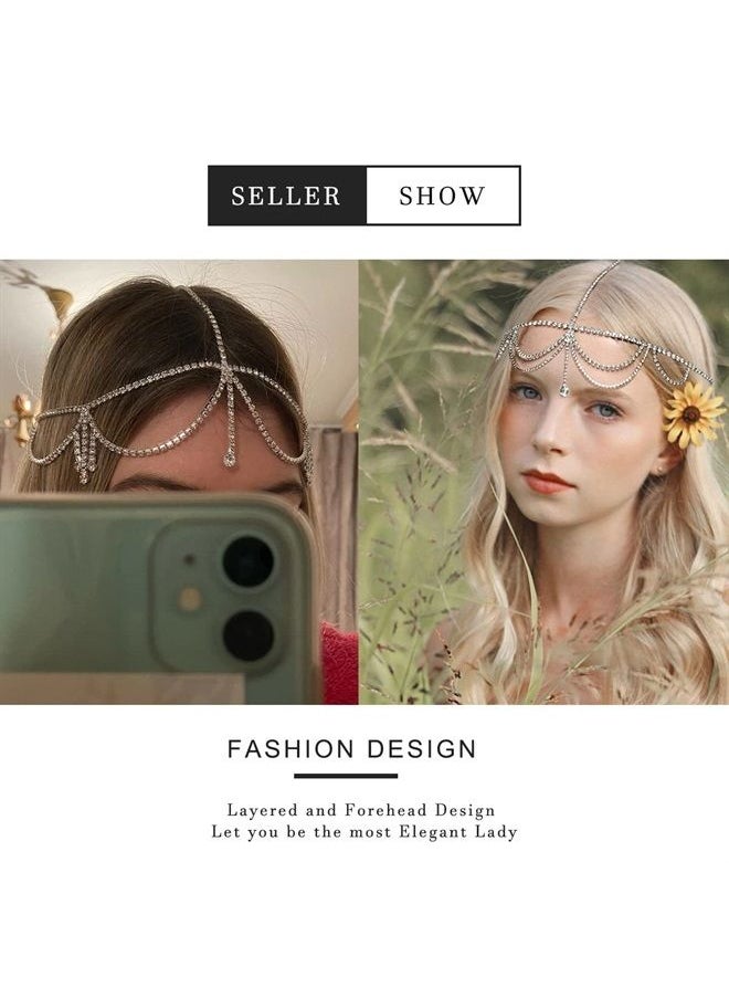 STONEFANS - Bridal Layered Rhinestone Head Chain Headpiece Boho Tassel Forehead Hair Chain Accessories for Women Wedding - Image 1