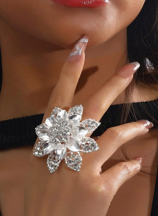 Take Two Take Two Silver Embellished Flower Statement Ring