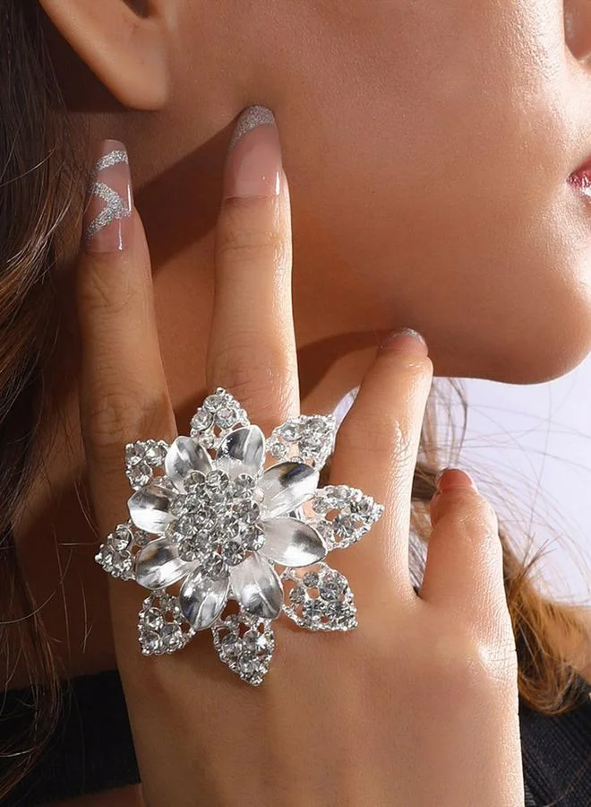 Take Two Take Two Silver Embellished Flower Statement Ring