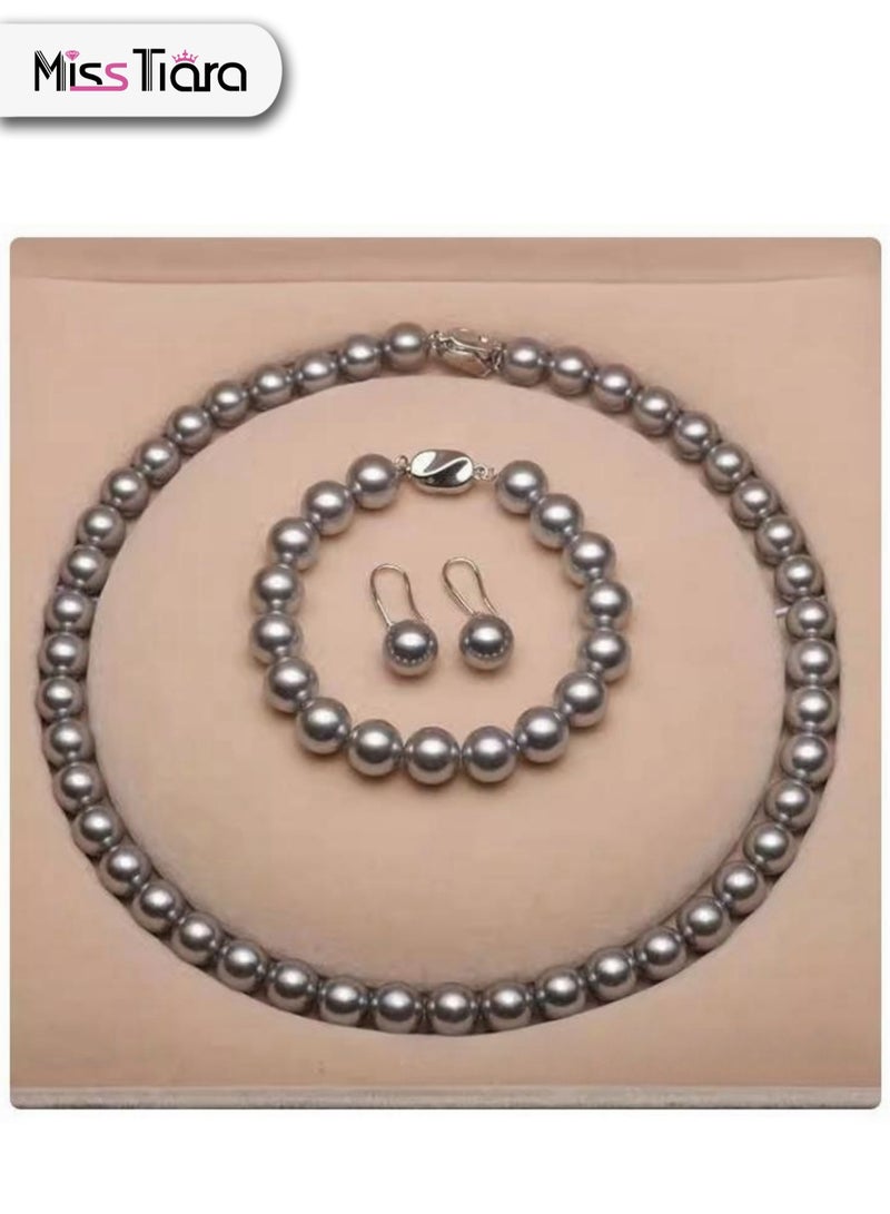 MissTiara طقم مكون من ثلاث قطع من حبات اللؤلؤ الرمادية المستديرة مقاس 10 مم وقلادة وخاتم وأقراط للنساء، فكرة رائعة للهدايا لأحبائك - Image 1