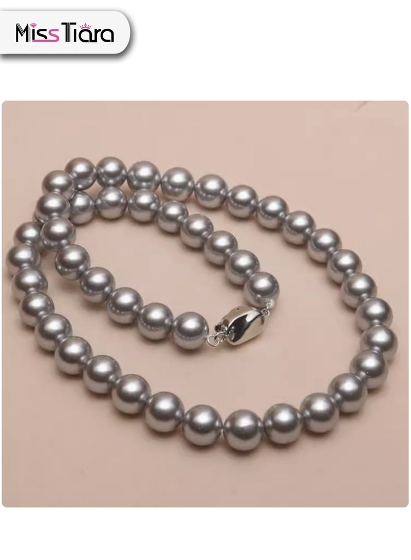 MissTiara طقم مكون من ثلاث قطع من حبات اللؤلؤ الرمادية المستديرة مقاس 10 مم وقلادة وخاتم وأقراط للنساء، فكرة رائعة للهدايا لأحبائك - Image 2