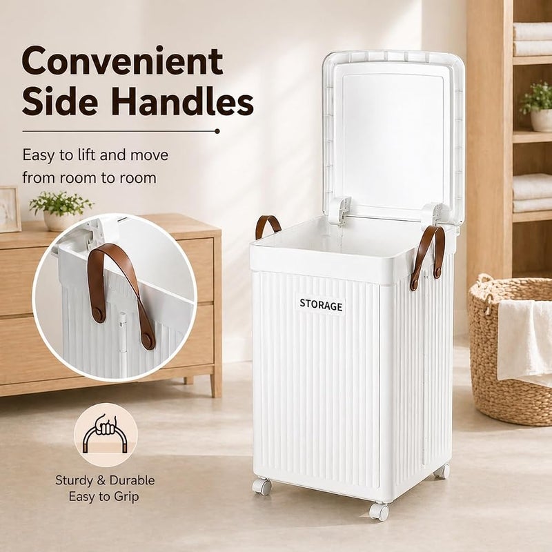 XVersion Foldable Rolling Laundry Hamper with Wheels, Collapsible Laundry Basket with Lid & Handles, Slim Space Saving Storage Basket for Bedroom, Bathroom, Clothes & Toys - White - Image 3