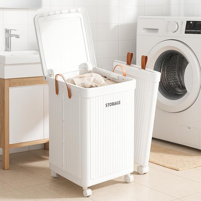 XVersion Foldable Rolling Laundry Hamper with Wheels, Collapsible Laundry Basket with Lid & Handles, Slim Space Saving Storage Basket for Bedroom, Bathroom, Clothes & Toys - White - Image 5